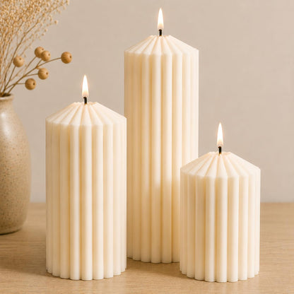 3 Pack Cream White Ribbed Pillar Candles-Natural Soy Wax Unscented,Non-Toxic,Smokeless Large Candle-2.8" x4,6,8 Inch Aesthetic Modern Candles for Home Decor,Dinner Table,Living Room,Housewarming Gift