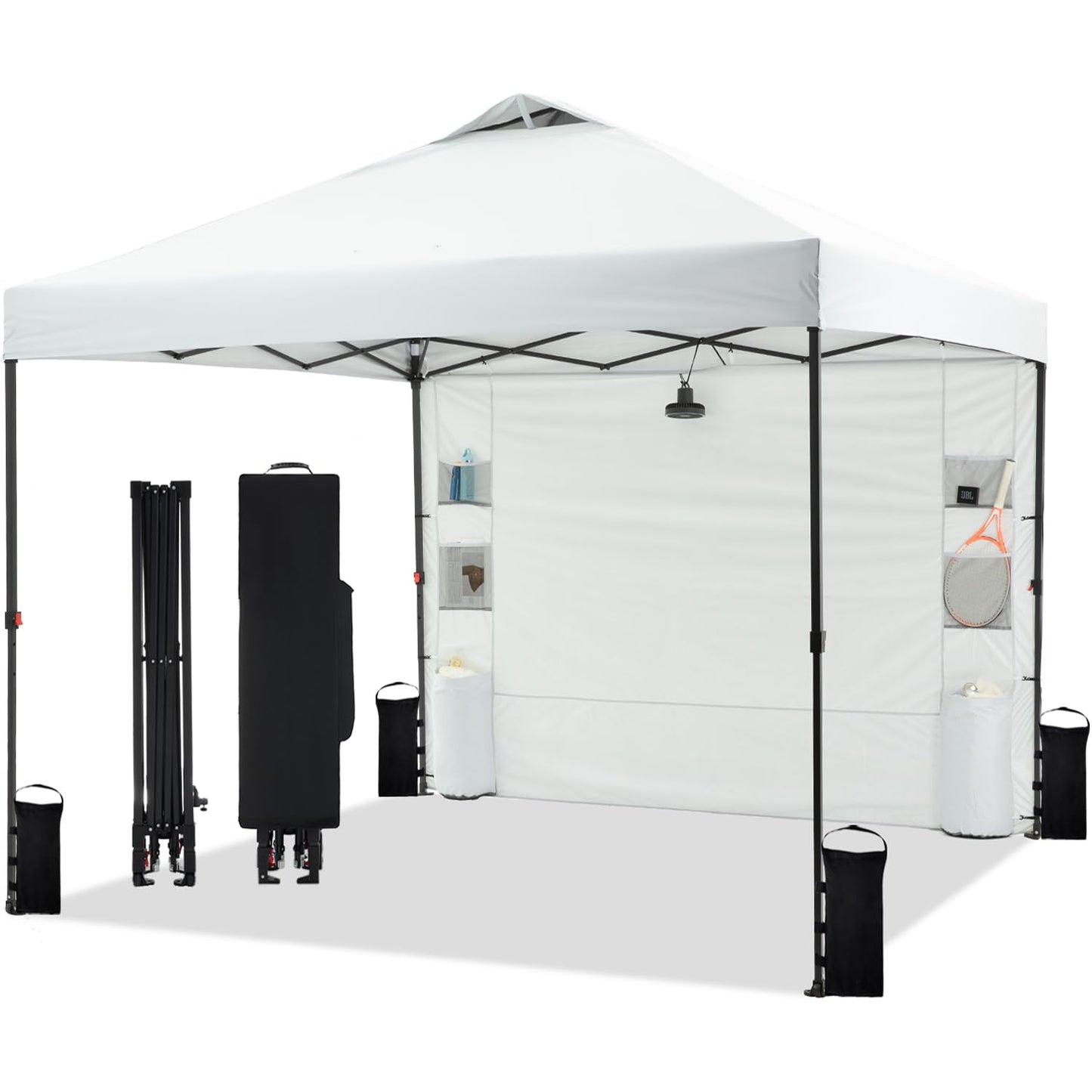 Tunbne 10'x10' Pop Up Canopy Tent with 1 Sidewall and 6 Pockets, One Push Setup, Instant Shade Tent with Vented Roof for Beach Patio Outdoor, Case, 8 Stakes, 4 Ropes, 4 Sandbags (White)