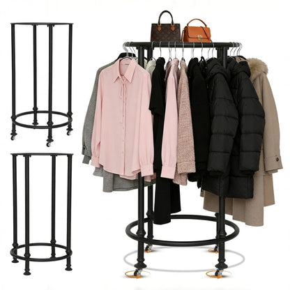 Gereat Dual-Form Rolling Round Clothing Rack, 330LBS Heavy Duty Garment Rack with Wheels or Leveling Feet, Rotating Commercial Retail Display Rack with Wood Topper for Boutique & Laundry Room
