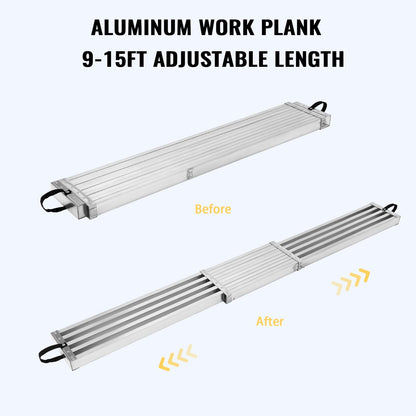 9-15ft Telescoping Work Plank, Aluminum Adjustable Scaffold Platform with Skid-Proof Surface, Ladder Accessory, 440 lbs Capacity, Extension Plank for Safe Work