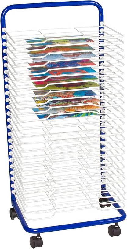 Sprogs 25-Shelf Mobile Art Drying Rack for Classrooms and Art Studios, Heavy-Duty Steel Rolling Art Rack Cart with 25 Shelves, Blue/White