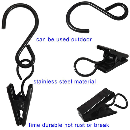 AMZSEVEN Stainless Steel S Hooks Curtain Clips, 50 Pack Hanging Party Lights Clips Hangers Gutter Photo, Art Craft Display, 2.4 Inch Long, Black