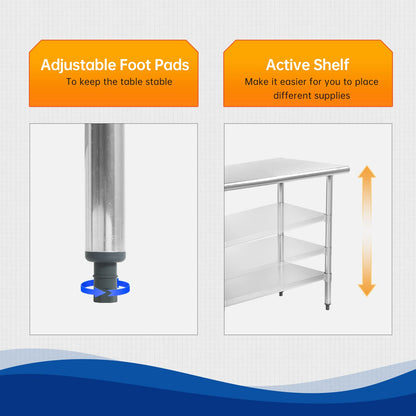 24" x36" Kitchen Work Table Commercial Work Table Stainless Steel Table Metal Table with Adjustable Table Foot for Restaurant Home Kitchen Hotel