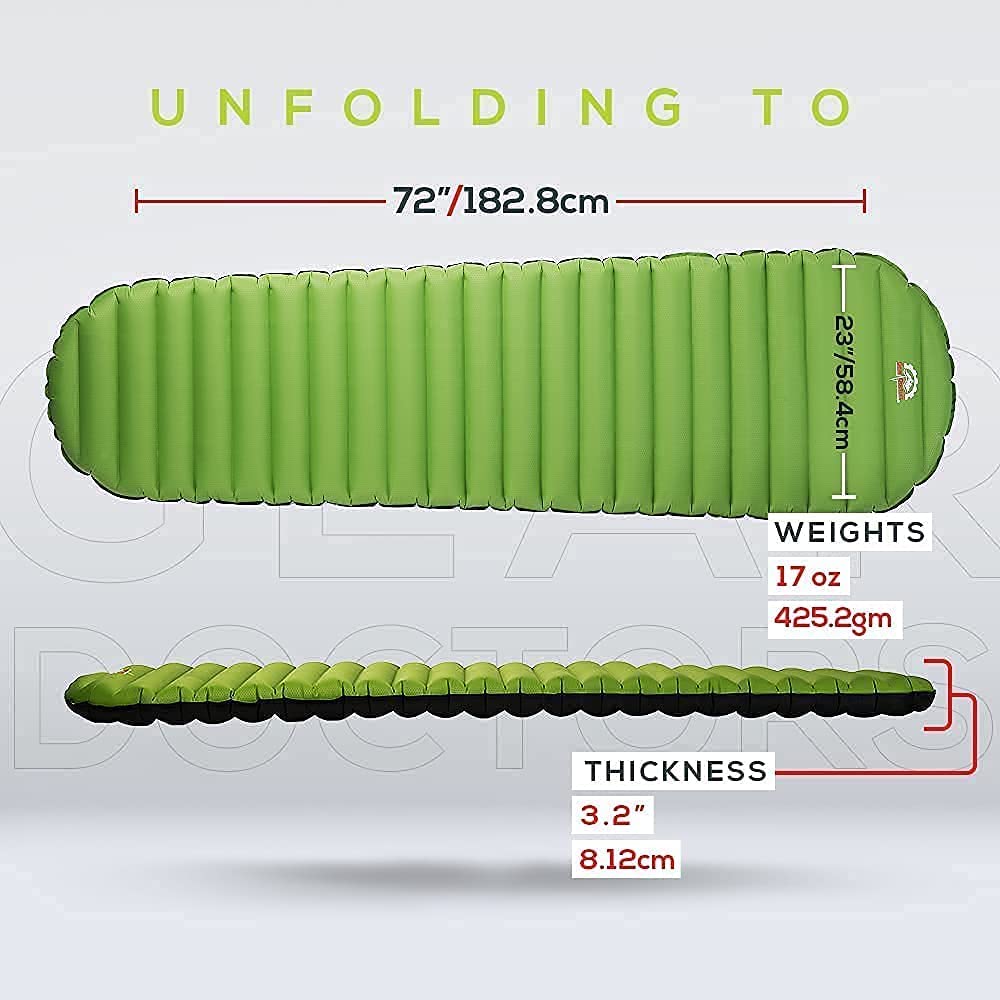 Gear Doctors Ultralight 17oz Apollo-Air Sleeping pad + Blue Anti Slip Camping Pillow Duo, 5.2 R-Value 4 Season Air Mattress with Ergonomic Ultralight Pillow The Size of A Soda Can