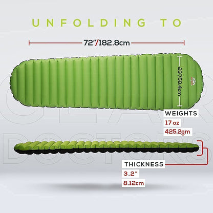 Gear Doctors Ultralight 17oz Apollo-Air Sleeping pad + Blue Anti Slip Camping Pillow Duo, 5.2 R-Value 4 Season Air Mattress with Ergonomic Ultralight Pillow The Size of A Soda Can