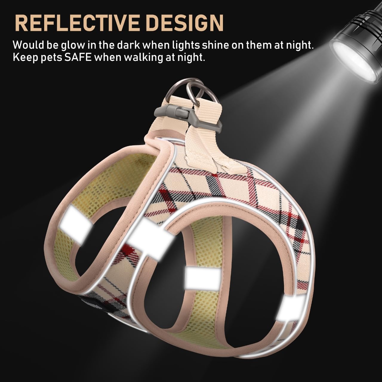 GAMUDA Small Dog Harness Collar and Leash Set, Step in No Chock No Pull Soft Mesh Adjustable Dog Vest Harnesses Plaid Reflective for Dogs Puppy Cats Kitten Rabbit (Beige, XXS)
