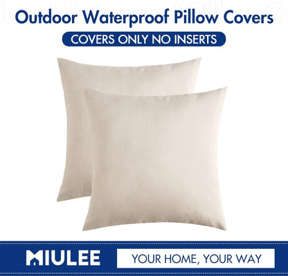 MIULEE Decorative Outdoor Throw Pillow Covers - Waterproof Faux Linen Cushion Cases | 18x18 Inch Beige (Pack of 2)