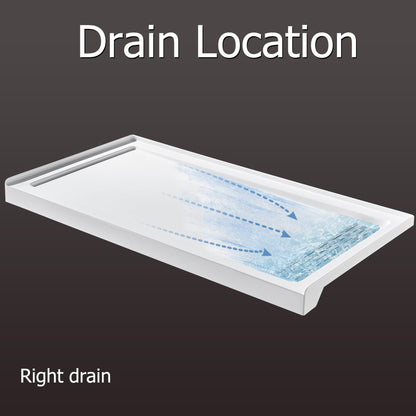 MORVANO Shower Base 60" x 32" Right Drain, Shower Pan Kit With Stainless Steel Cover, Non-Slip Acrylic in White, Brush Nickel for Bathroom
