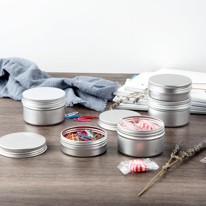 Restaurantware RW Base 4 Ounce Tin Storage Boxes 100 Round Tin Boxes With Lids - Durable Screwable Lids Silver Aluminum Storage Containers Customizable Fits Mints Pills Or Herbs