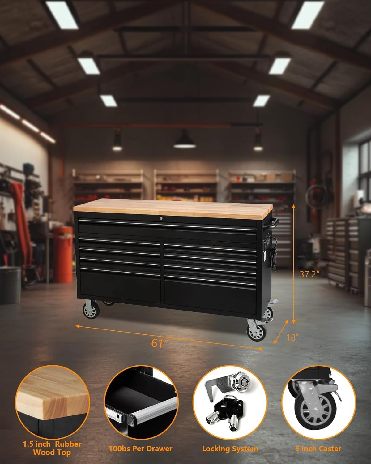 MERXENG 61 Inch Tool Chest, Tool Box Mobile Workbench, 9 Drawers Storage Lockable Rolling Metal Storage Cabinet with 4 Wheels for Garage Workshops Warehouse, Black