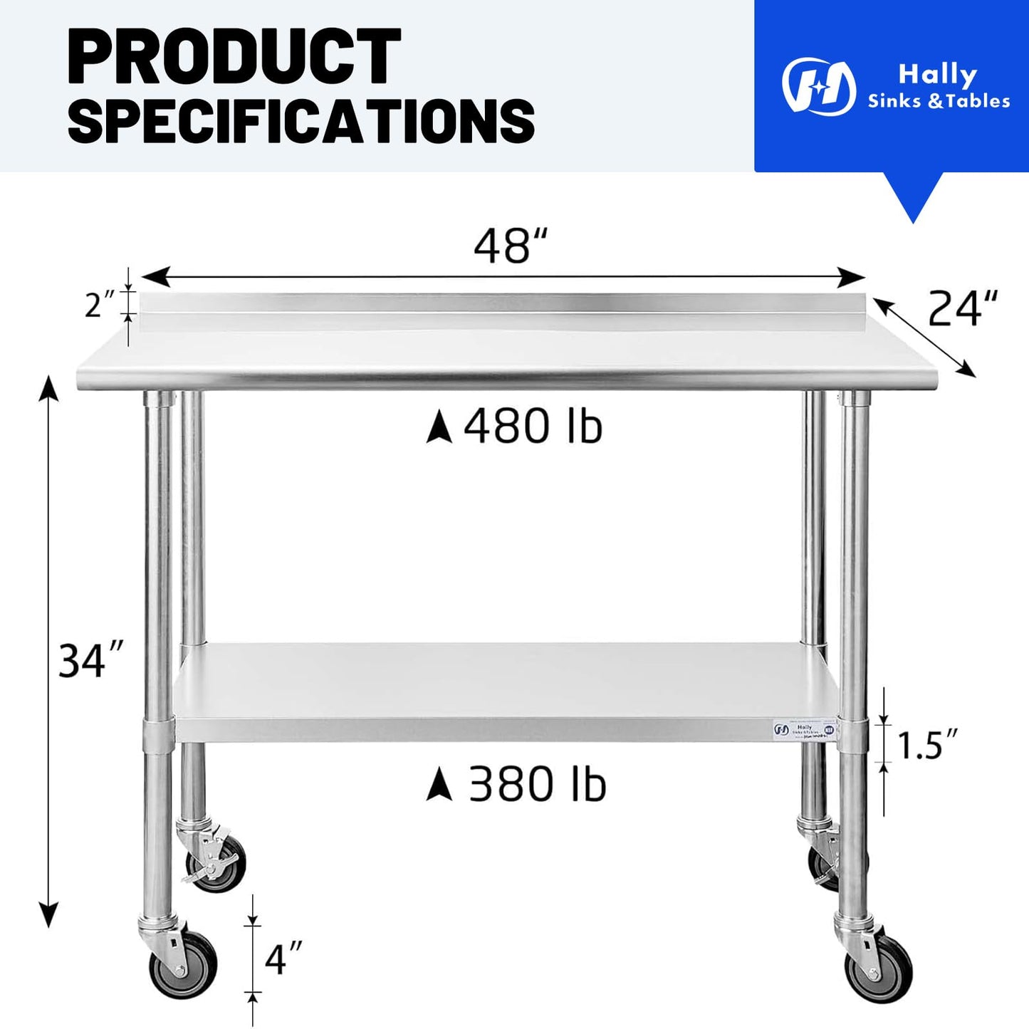 Hally Stainless Steel Table for Prep & Work 24 x 48 Inches with Caster Wheels, NSF Commercial Heavy Duty Table with Undershelf and Backsplash for Restaurant, Home and Hotel