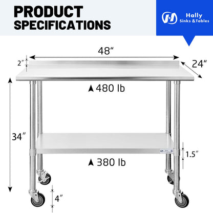 Hally Stainless Steel Table for Prep & Work 24 x 48 Inches with Caster Wheels, NSF Commercial Heavy Duty Table with Undershelf and Backsplash for Restaurant, Home and Hotel