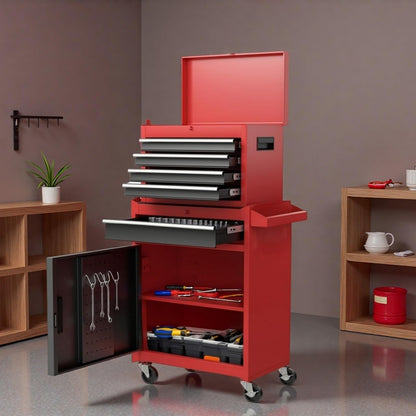 Trygoal Tool Chest, 5-Drawers Rolling Tool Storage Cabinet with Lockable Wheels, Detachable Top, Adjustable Shelf & Locking Mechanism, Multifunctional Tool Cart for Garage Warehouse, Red