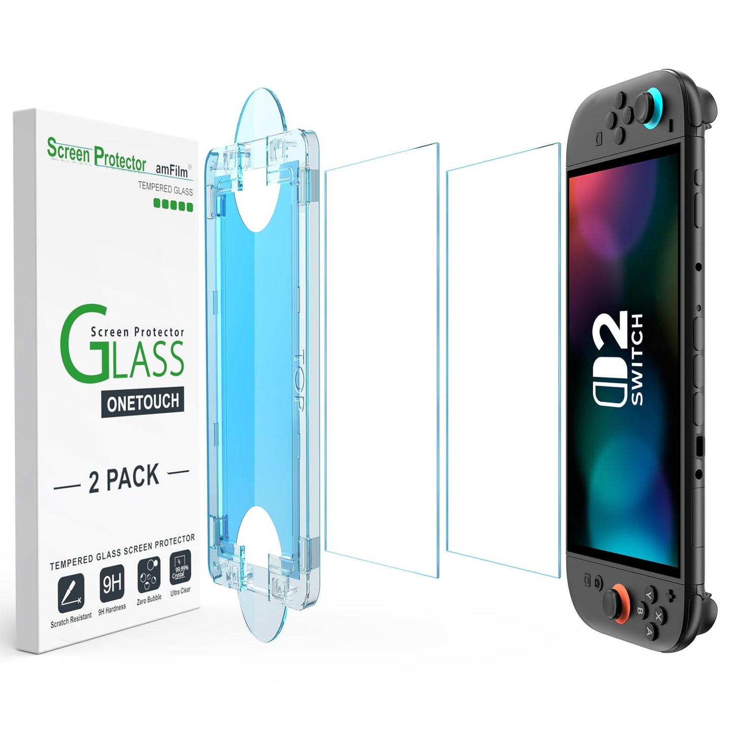amFilm Auto-Alignment OneTouch for Nintendo Switch 2 Screen Protector [7.9''] 2025 Tempered Glass, Accessories, 30 seconds Installation, Bubble Free, Anti-Scratch, Touch Sensitive, Ultra-Clear [2Pack]