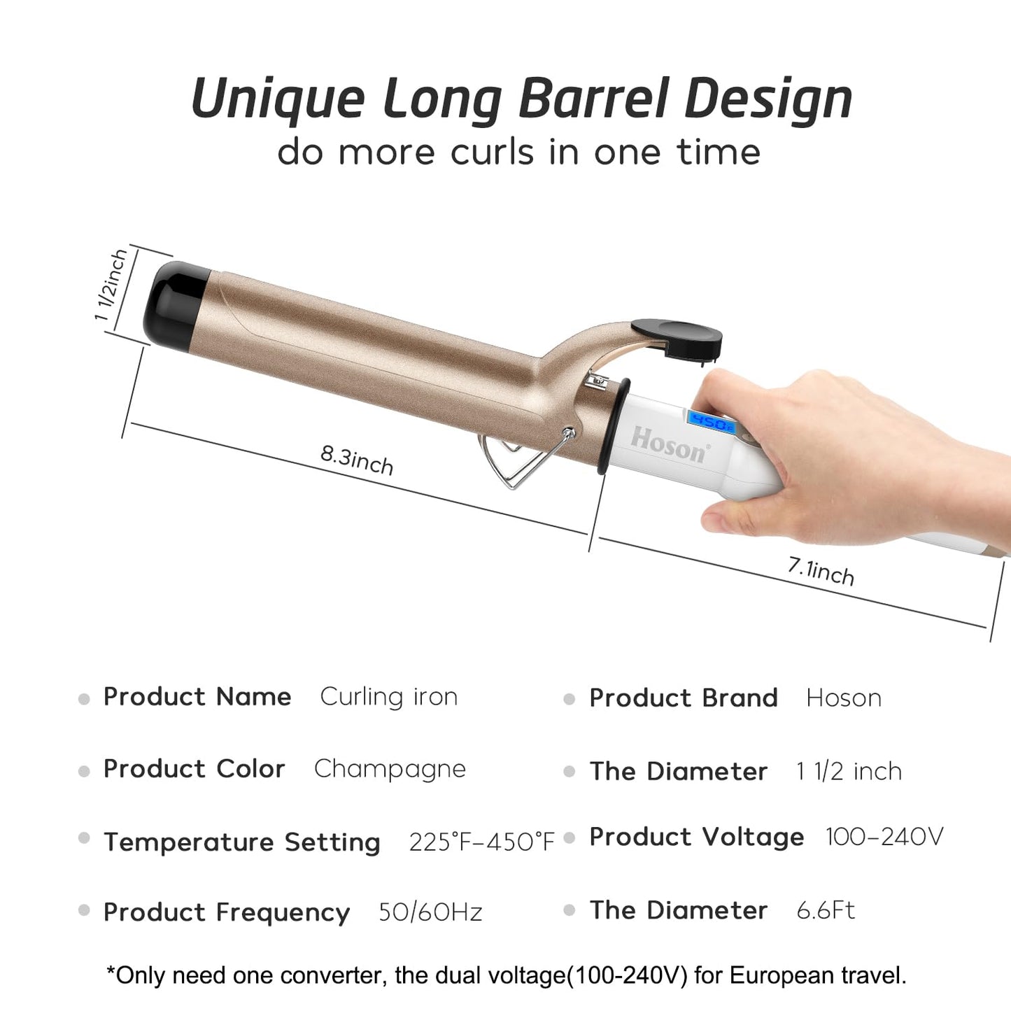 Hoson 1 Inch Curling Iron Professional Ceramic Tourmaline Coating Barrel Hair Curler, LCD Dispaly with 9 Heat Setting(225°F to 450°F for All Hair Types, Glove Include)