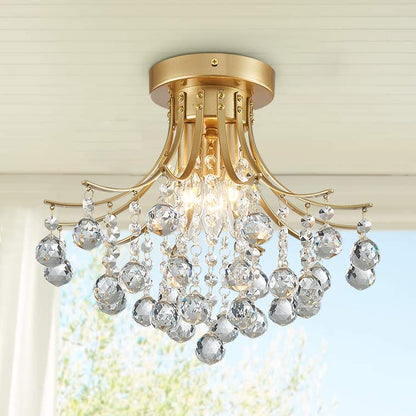Bestier Modern Gold Crystal Semi-Flush Mount Chandelier, 3 E12 Bulbs, D13.5in x H11.6in, Ideal for Dining Room, Bathroom, Bedroom, Living Room