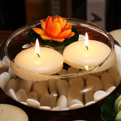 KNOURT 24 Pack Floating Candles, 3” Ivory Unscented Dripless Wax Burning Candles, for Weddings, Party, Cylinder Vases, and Home Decorations