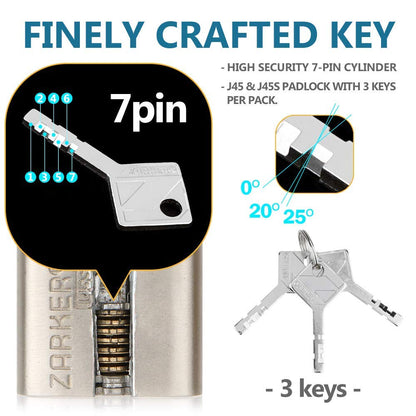 Zarker J45S keyed Padlock, Heavy Duty Stainless Steel Shackle Lock, 3 Keys, Waterproof and Rustproof Storage, Warehouses, Garage, Outdoors, 1-Pack