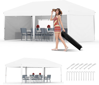 10x20 Pop Up Canopy Tent with 4 Sidewalls, Heavy Duty Outdoor Canopy UPF 50+ All Season Waterproof Commercial Street Vendors Party Tents with Roller Bag, 8 Stakes & 6 Sandbags, White