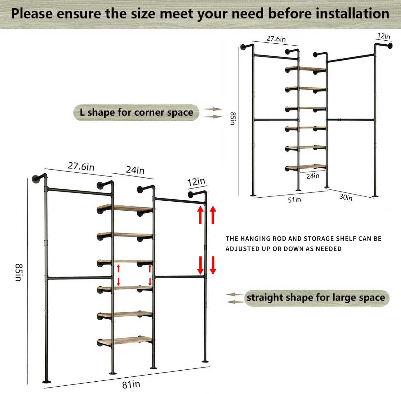 HKaikzo Wall Mounted Closet System 85" H×81" W, Industrial Pipe Clothing Rack for Walk-in Closet with 6 Shelves, Heavy Duty 200LBS Garment Rack, Color-Coded Assembly, 3 Layout Options, Black