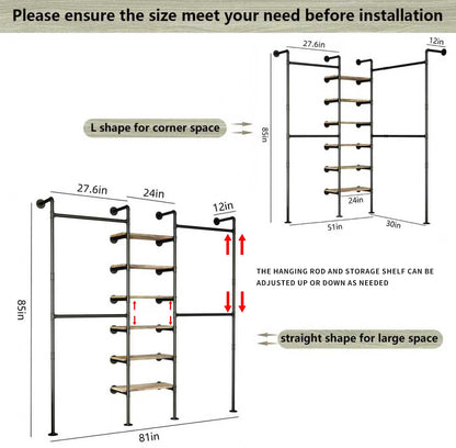 HKaikzo Wall Mounted Closet System 85" H×81" W, Industrial Pipe Clothing Rack for Walk-in Closet with 6 Shelves, Heavy Duty 200LBS Garment Rack, Color-Coded Assembly, 3 Layout Options, Black