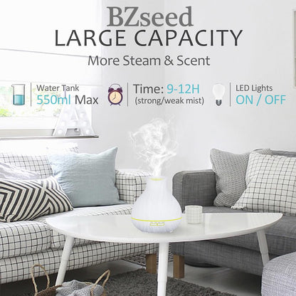 BZseed Aromatherapy Essential Oil Diffuser 550ml 12 Hours Wood Grain Aroma Diffuser with Timer Cool Mist Humidifier for Large Room, Home, Baby Bedroom, Waterless Auto Shut-off,7 Colors Lights Changing