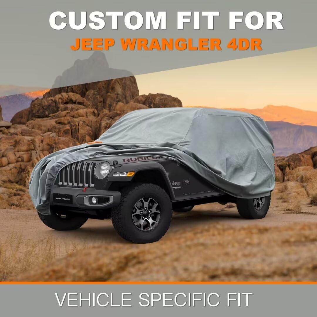 Kayme Heavy Duty Jeep 4dr Car Cover, Custom Fit Jeep Wrangler Unlimited 4 Door JK JL Rubicon/Sahara,etc Waterproof All Weather for Automobiles, Full Car Cover - Sun, Rain & UV Protection