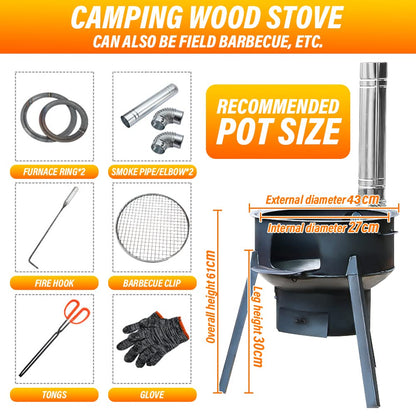 Coal Wood Stove, 1 Set Of Multifunctional Portable Removable Iron Firewood Cooking Stove, Mobile Camping Stove for Outdoor Camping, Tent Heating, Fishing, Cooking (43 cm + 3 oven rings)