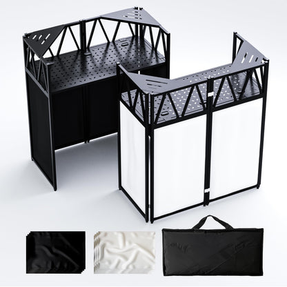 lunacme Portable DJ Booth Table,Foldable DJ Table Stand with White & Black Scrim,Adjustable D J Facade Station Triangle Plate Metal Frame with Cable Hole for Private Events, Clubs, Bars