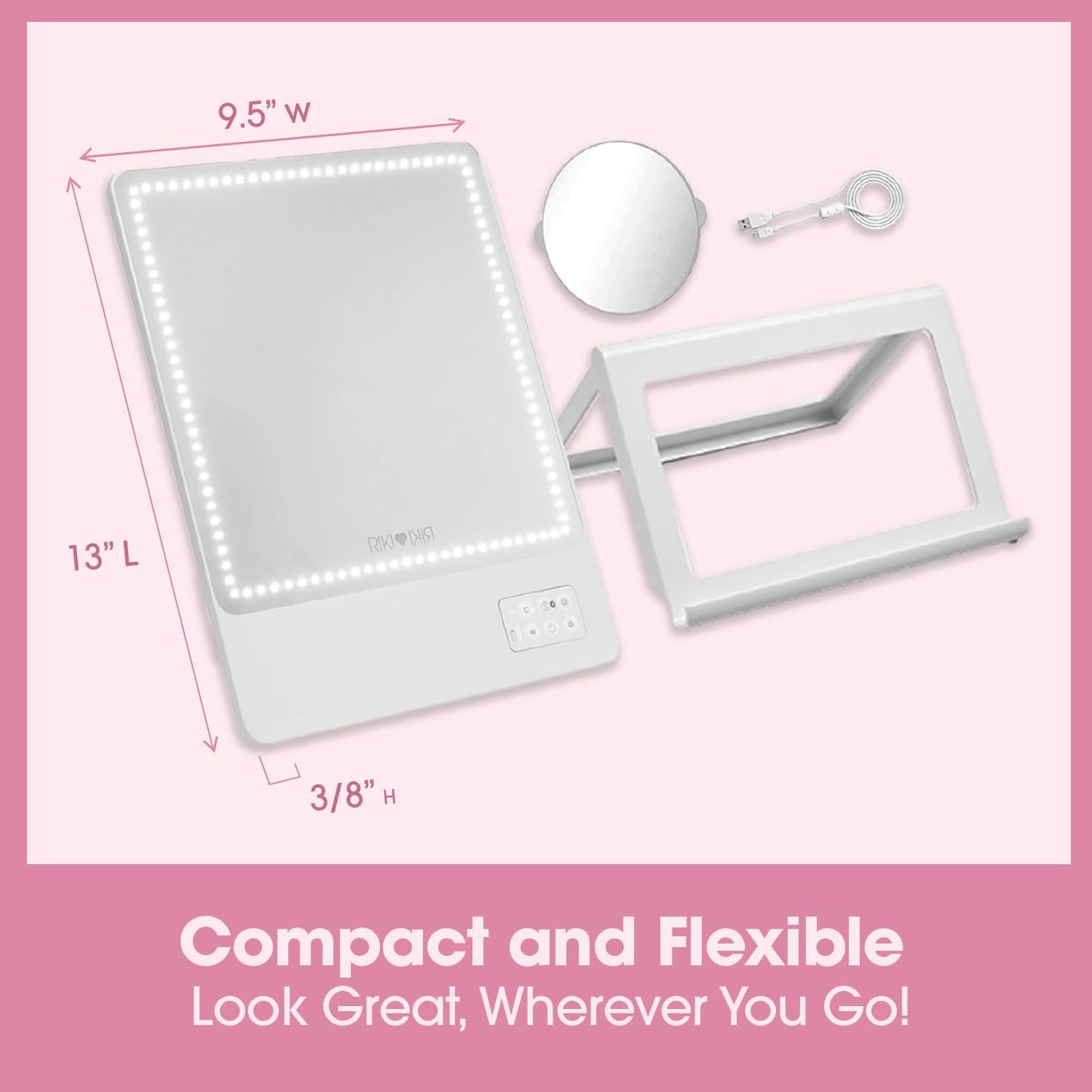 RIKI LOVES RIKI Skinny Lighted Vanity Mirror – Rechargeable Makeup Mirror with Adjustable Warm & Cool Lighting, 10X Magnifying Mirror, Phone Holder, Bluetooth Selfie, Portable Travel Mirror