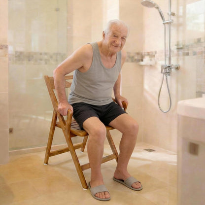 NNN Solid Teak Folding Shower Chair - Pivoting Backrest & Forward-Leaning Armrests for Easy Stand-Up, 350lb Capacity, Space-Saving Fold & Anti-Slip Feet for Elderly Bath Safety
