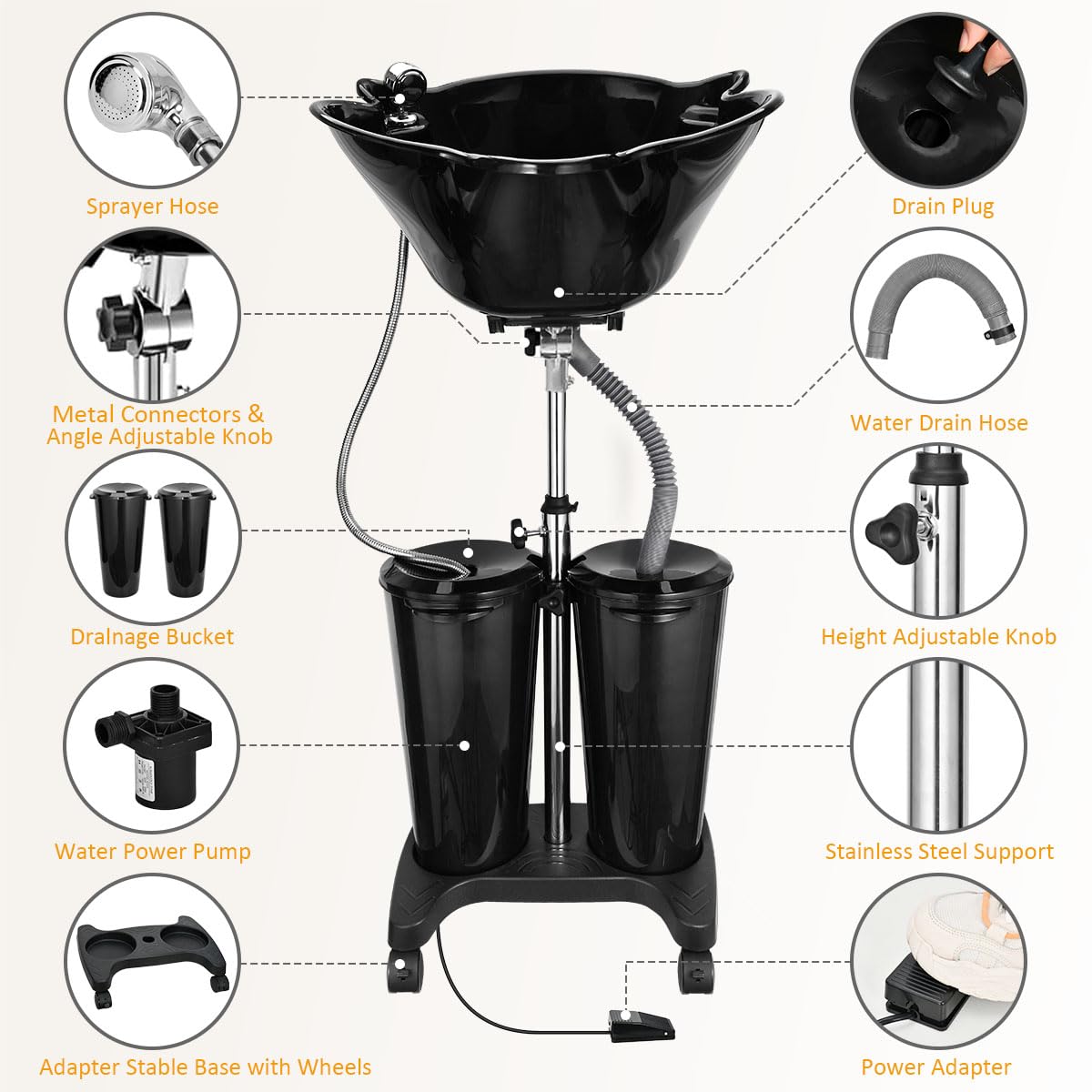johgee Adjustable Portable Shampoo Bowl with Electric Pump,Hair Washing Station Sink with Buckets&Drain Hoses,Portable Wash Bowl for Hairstylist,Portable Salon Sink Hair Wash Basin for Home Barber Use