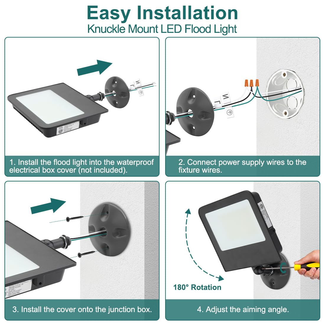 kadision 150W LED Flood Light, 18000lm 5000K Daylight 120-277V IP65 Waterproof Outdoor Flood Lights for Street Yard Parking Lot Security Lighting, Adjustable Knuckle Mount, 4-Pack