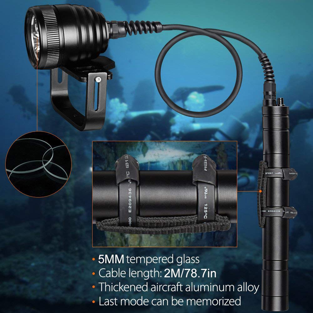 SecurityIng DF05 3000LM Primary Canister Dive Light, 3 LEDs Scuba Diving Flashlight Underwater 492ft/150M Torch with 2M Cable for Professional Diving/Cave Diving (Batteries Not Included)