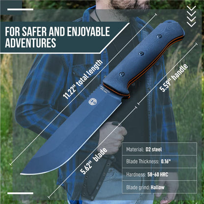 Holtzman's Gorilla Survival Bushwhacker Fixed Blade Knife with Fire Starter, G10 Scraper, and Paracord (Black) - Ideal for Camping and Survival