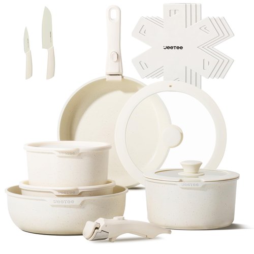 JEETEE Pots and Pans Set Non Stick 17pcs, Kitchen Cookware Sets with Detachable Handle, Induction Nonstick Cookware Set with Removable Handle, Stackable RV Cookware, Oven Safe, PFAS/PFOA Free, Black