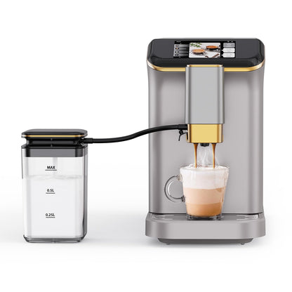 PioneerWorks Full Automatic Espresso Machine with Built-In Grinder & Milk Frother - FTF Touchscreen Coffee Maker for Latte/Cappuccino, 20 Bar Pressur & 1.5L Water Tank, 1350W, Gold