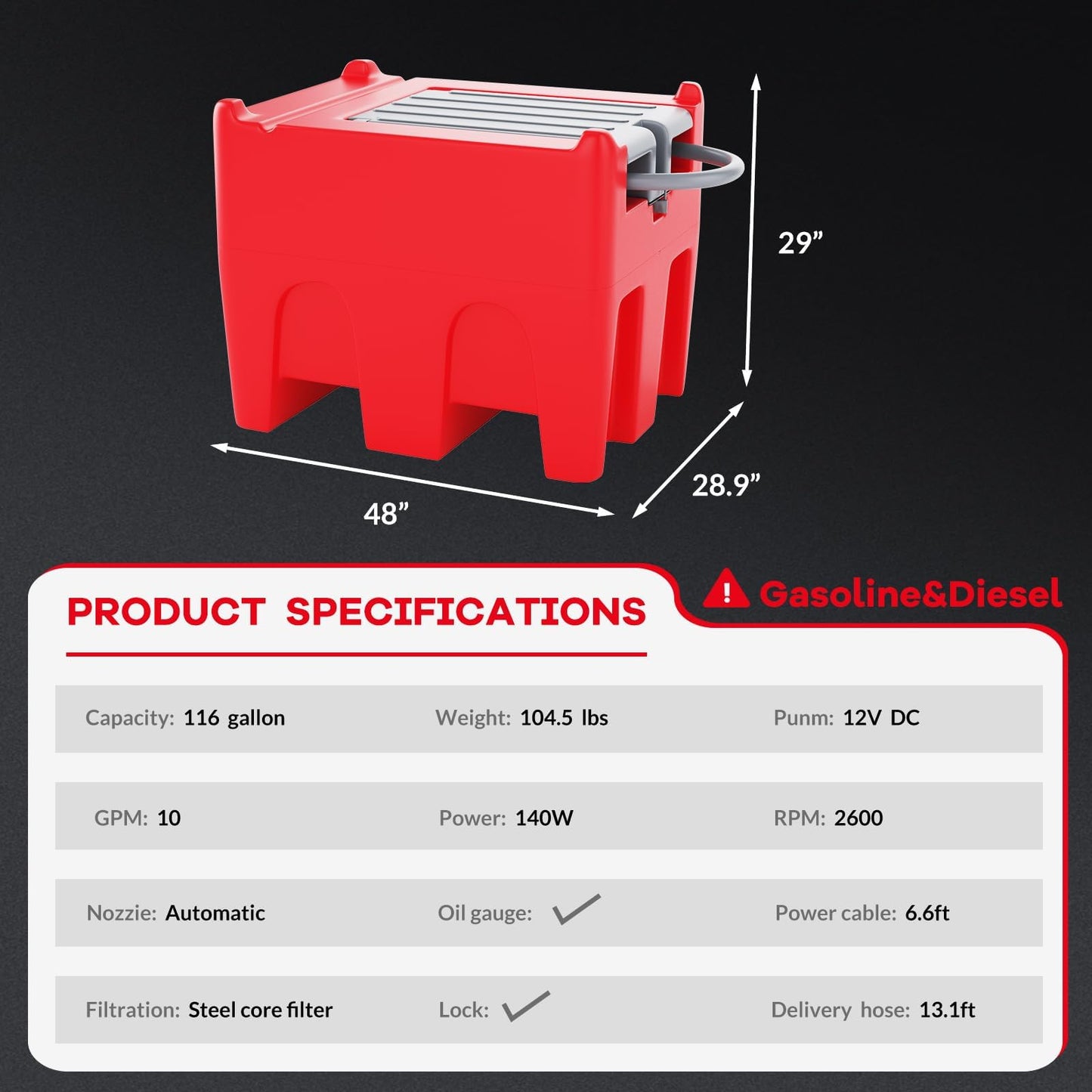 116 Gallon Portable Fuel Tank with 12V Electric Pump, 10 GPM Diesel & Gasoline Transfer Tank with 13.1 ft Hose & Auto Shut-Off Nozzle, Heavy-Duty Fuel Storage for Truck, Farm, Generator & Equipment