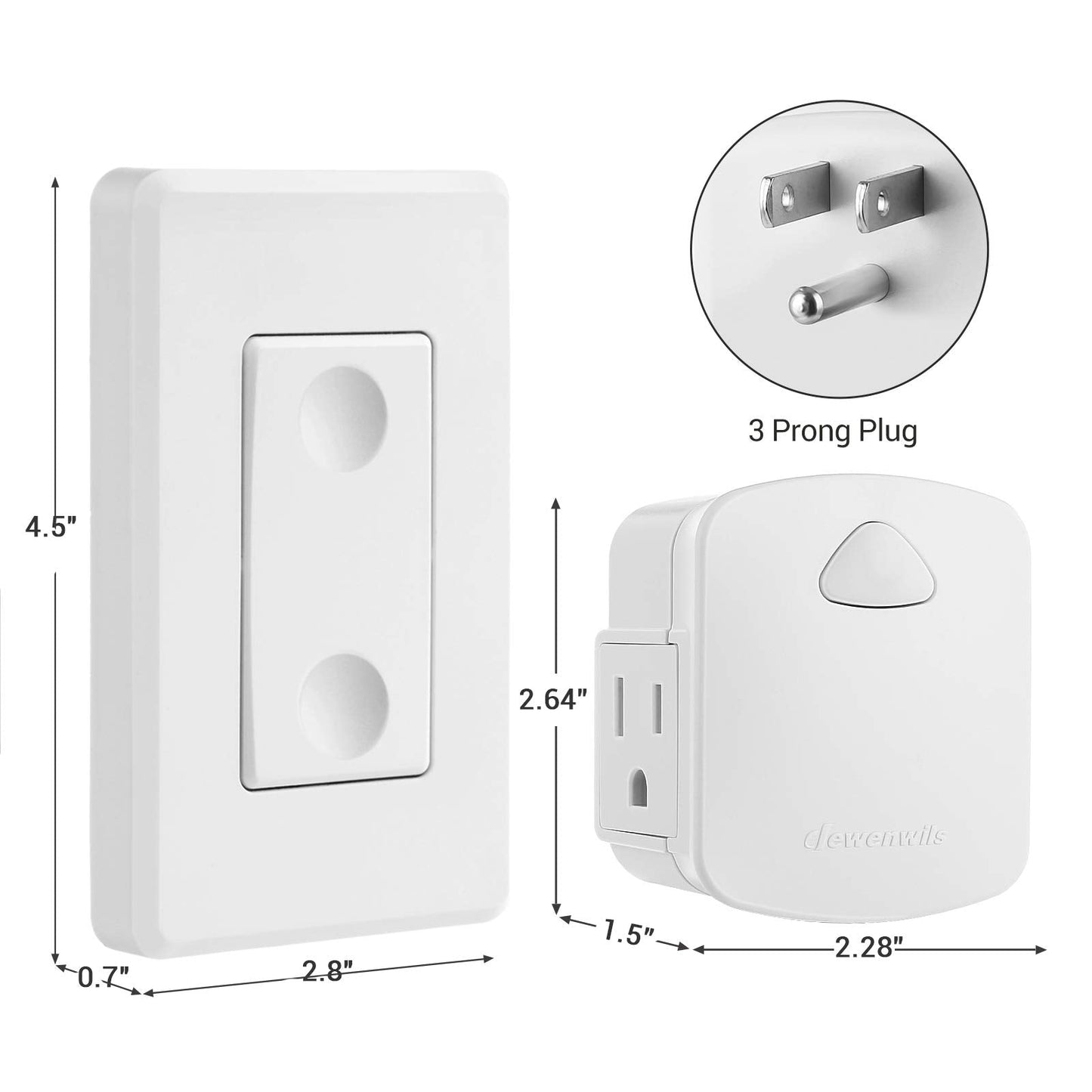 DEWENWILS Wireless Remote Wall Switch and Outlet, No Wiring Remote Control Outlet Light Switch, Expandable, 15A/1875W, 100ft RF Range, Compact Side Plug, ETL Listed (1 Outlet and 2 Remotes)