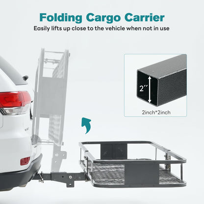 OLIXIS Folding Hitch Mount Cargo Carrier Basket 60x21x6 with Waterproof Luggage Bag, 500 Lbs Capacity Cargo Basket with Hitch Stabilizer, 16 Cubic Feet, Straps, Net