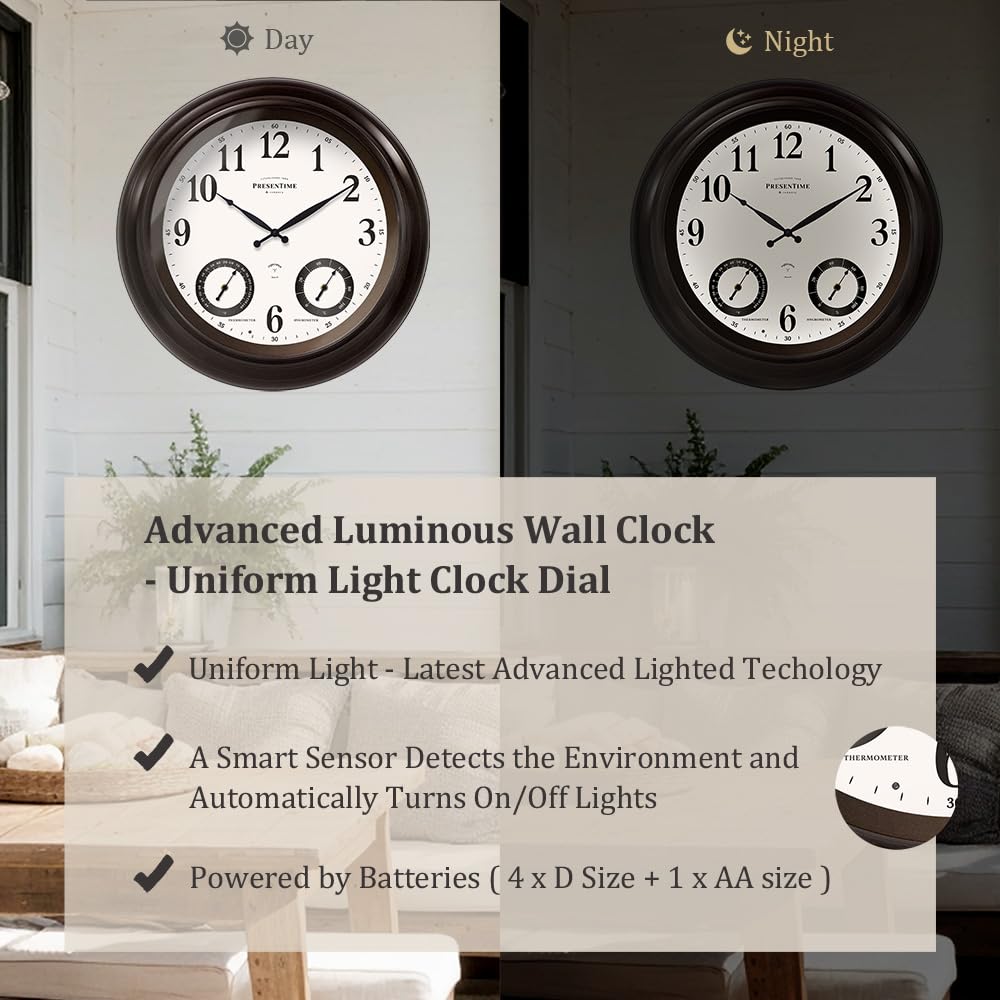 PresenTime & Co 24" Jameson Illuminated In/Outdoor Clock, Modern Farmhouse, Self-Illuminated, Waterproof, Weather Station (Thermometer & Hygrometer), Metal Clock, Oil Rubbed Bronze Finish(Night Light)