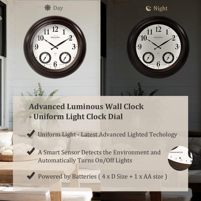 PresenTime & Co 24" Jameson Illuminated In/Outdoor Clock, Modern Farmhouse, Self-Illuminated, Waterproof, Weather Station (Thermometer & Hygrometer), Metal Clock, Oil Rubbed Bronze Finish(Night Light)