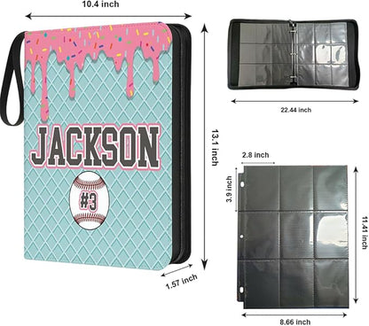 Personalized Ice Cream Drip Baseball Card Binder with Name &amp Number – Zipper Trading Card Album with Handle – Collector Case for Players &amp Fans (Ice Cream Drip Art #7)