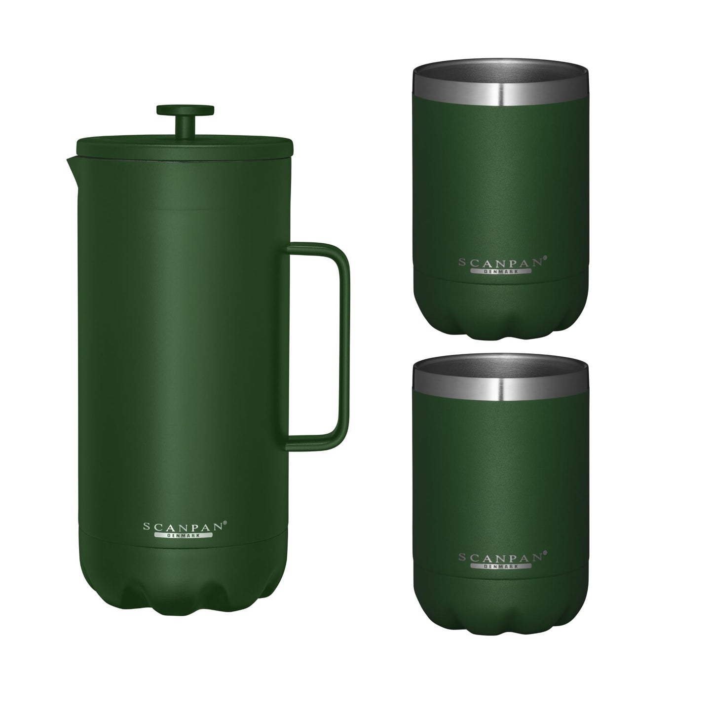 Scanpan TO GO French Press Coffee Maker 1.0L (Forest Green) + 2 Vacuum Cups 350 mL (Forest Green) - 18/8 Food Grade Stainless Steel - Scratch-Free Coating - Dishwasher Safe
