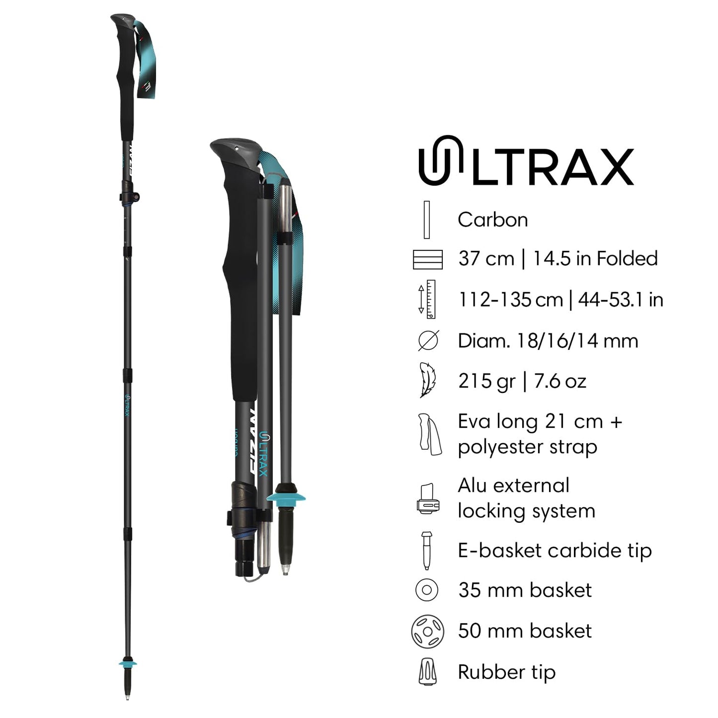 Fizan Ultrax Carbon Fiber Trekking Poles – Ultralight 7.6 oz, Backpacking, Bikepacking, Thru Hiking Trails, Adjustable, Collapsible to 14.5 in, Customized Fit, Foam Grips, Walking Sticks