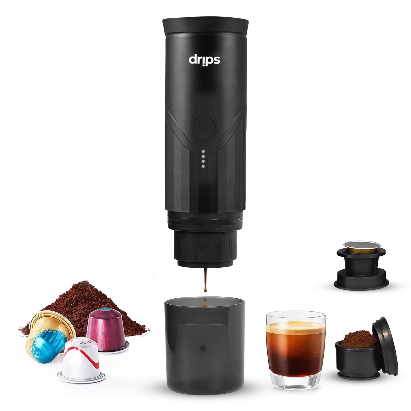 drips Portable Electric Espresso Machine with 3-4 Minute Self-Heating, 20 Bar Mini Coffee Maker Compatible with NS Capsule & Ground Coffee for Camping, Travel, Hiking, Office (Matte Black)