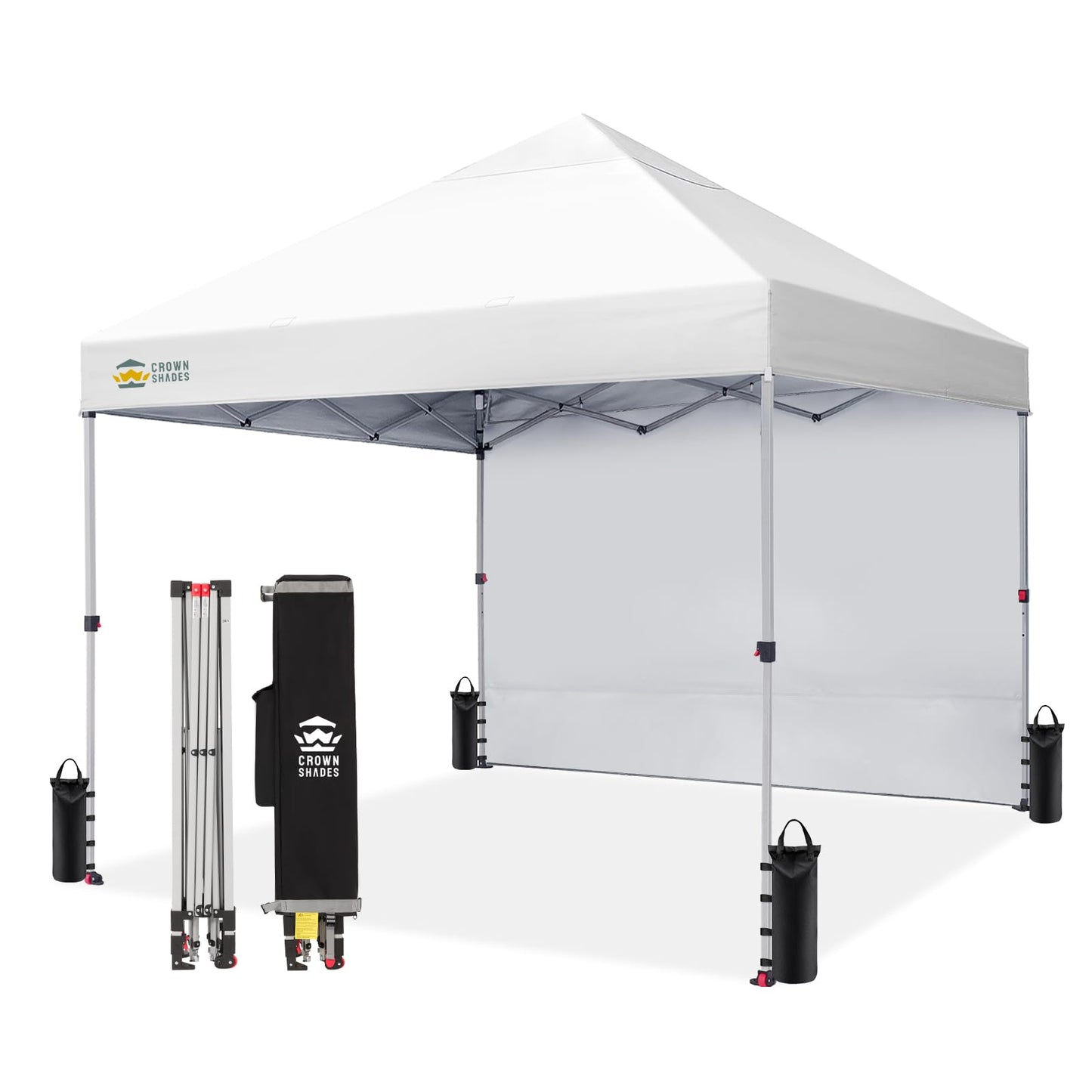 CROWN SHADES Pop Up Canopy with 1 Side Wall - Beach Tent with One Push Setup - Outdoor Sun Shade for Events, Parties, Camping - Gazebo with STO-N-Go Cover Bag, Grid White, 8x8FT