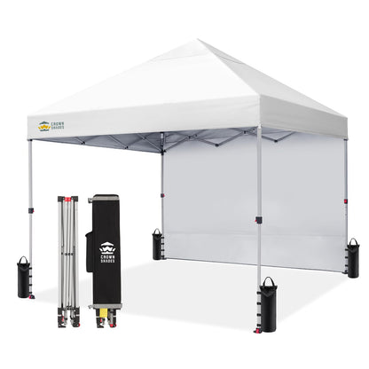 CROWN SHADES Pop Up Canopy with 1 Side Wall - Beach Tent with One Push Setup - Outdoor Sun Shade for Events, Parties, Camping - Gazebo with STO-N-Go Cover Bag, Grid White, 8x8FT