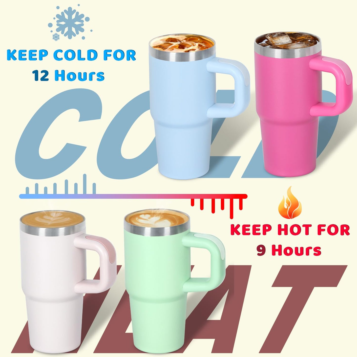 Cosictic 14 Oz Tumbler with Handle and Straw for Kids, Stainless Steel Double Wall Vacuum Insulated Cup for Children, 14 Oz Cups for Kids (Sky Blue, Pink)