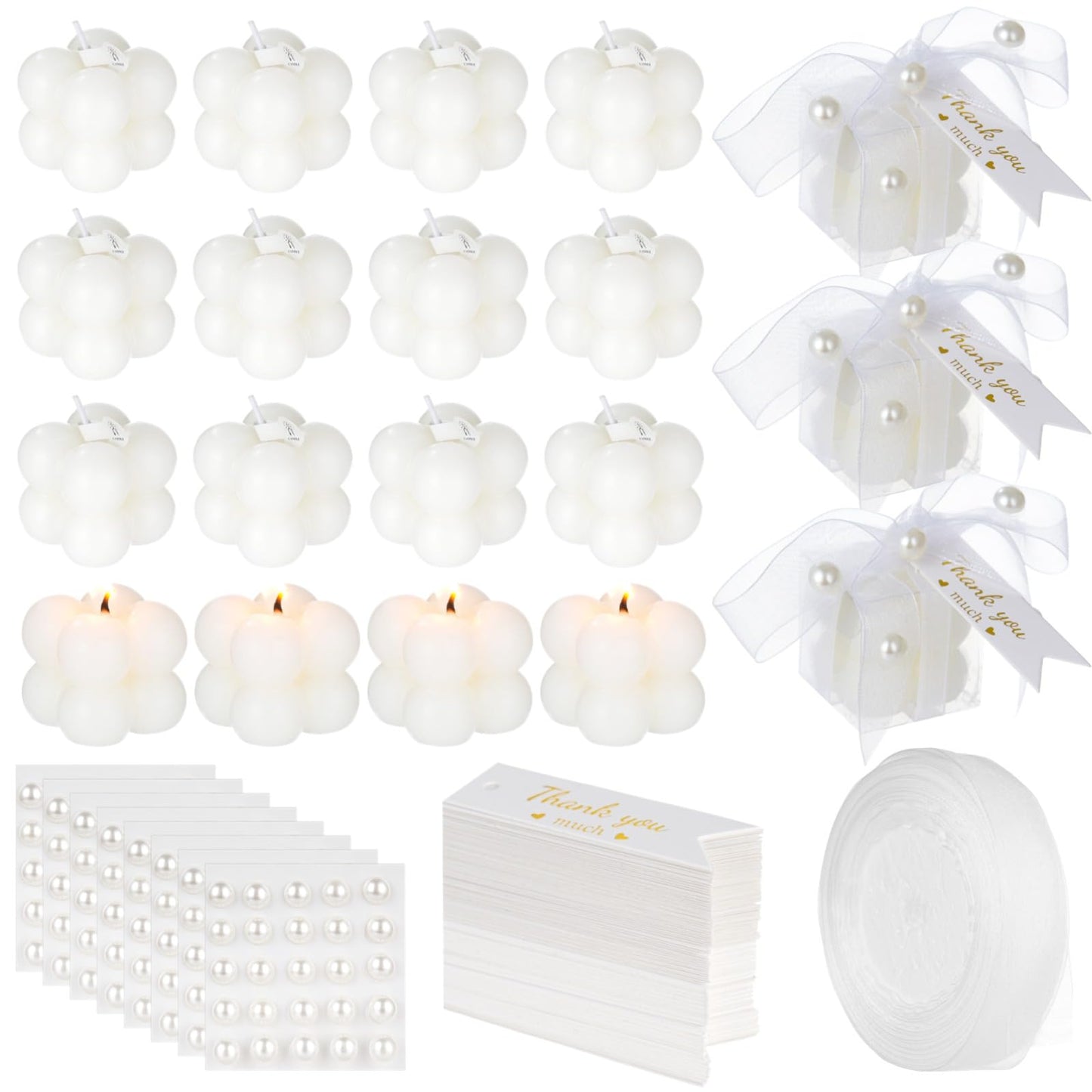 32 Pcs Mini White Bubble Candles, Gifts for Guests Bulk, Including 35 Thank You Cards, Ribbon, Stickers, Scissors, for Wedding, Bridal Shower, Baptism Favors